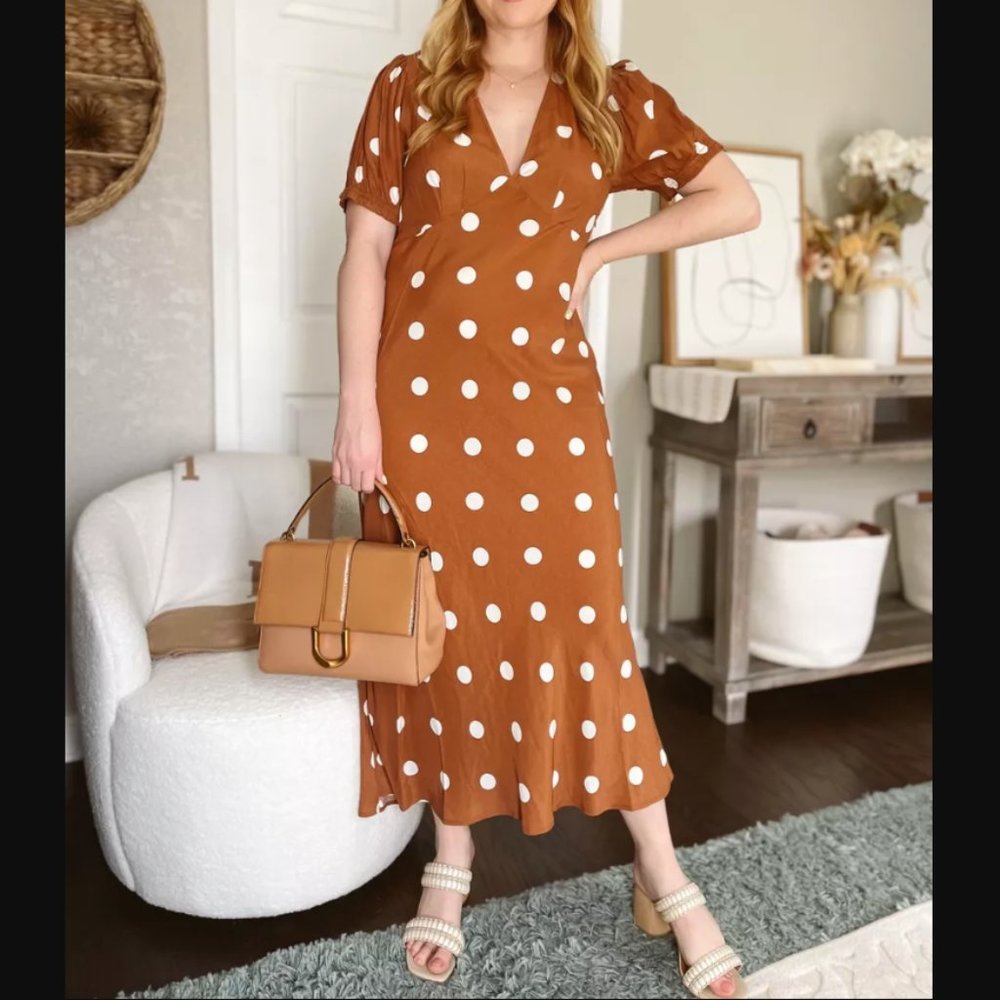 Polka Dot Midi Dress in Brown and White - Perfect For Autumn!